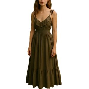 Mia Joy Olive Green Fairycore LARGE Maxi‎ Dress Ruffle Fall Fairy Cottagecore L